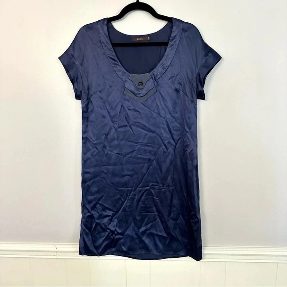 Reiss Women's Short Sleeve Scoop Neck Navy Blue 100% Silk Dress Size 4 GUC - Picture 2 of 8